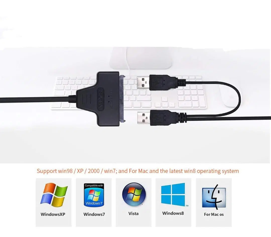 USB 2.0 to SATA 7+15 Pin Power Adapter Cable for 2.5" SSD/HDD, Dual USB Plug & Play Laptop PC