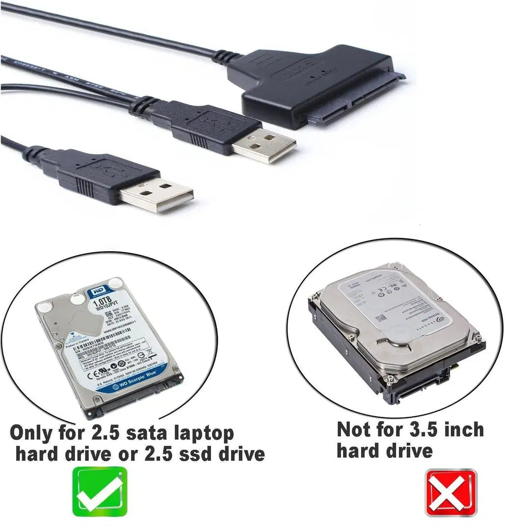 USB 2.0 to SATA 7+15 Pin Power Adapter Cable for 2.5" SSD/HDD, Dual USB Plug & Play Laptop PC